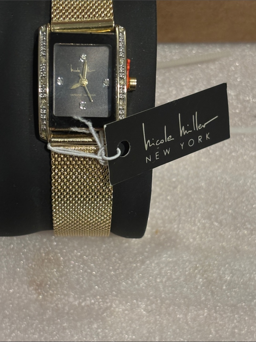 Nicole Miller Gold Mesh Bracelet Watch with Black Face and Crystal Accents